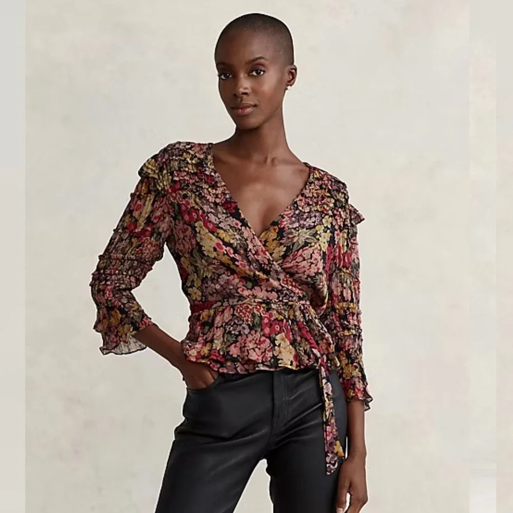 Polo Ralph Lauren Floral Wrap Peplum Blouse Smocked Ruffle Small Petite $298‎